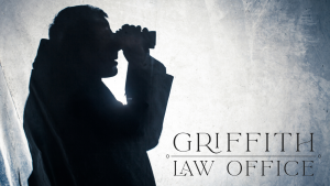 Silhouette of a man using binoculars, suggesting surveillance or voyeurism, with a textured gray background and the text 