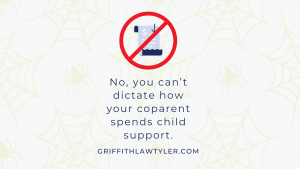 Graphic with light yellow spiderwebs and spiders in the background. In the center, there’s an icon of a document with a red circle and slash over it, representing “no receipts.” Below the icon, text reads: “No, you can’t dictate how your coparent spends c