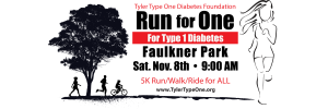 Promotional banner for the Tyler Type One Diabetes Foundation’s “Run for One” 5K event. The image features silhouettes of a runner, cyclist, and child moving under a large tree, alongside a sketched outline of a woman running. Text reads: “Tyler Type One 