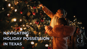 Children decorating a Christmas tree at night with warm holiday lights, representing families navigating holiday possession and custody schedules in Texas, with text reading “Navigating Holiday Possession in Texas” and the Griffith Law Office logo.