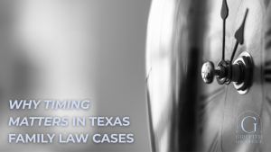 Close-up of a clock face in black and white, symbolizing the importance of timing in Texas family law cases, with text reading “Why Timing Matters in Texas Family Law Cases” and the Griffith Law Office logo.