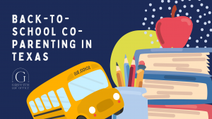 Illustration promoting back-to-school co-parenting in Texas featuring a yellow school bus, stacked books, pencils in a cup, and a red apple on a dark blue background. Large white text reads 